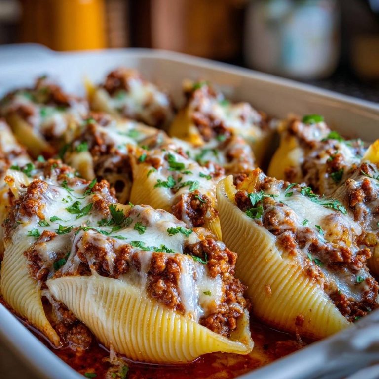 Überbackene Hackfleisch-Conchiglie in Nahaufnahme: Die köstlichen Muschelnudeln mit Hackfleischfüllung und geschmolzenem Käse.