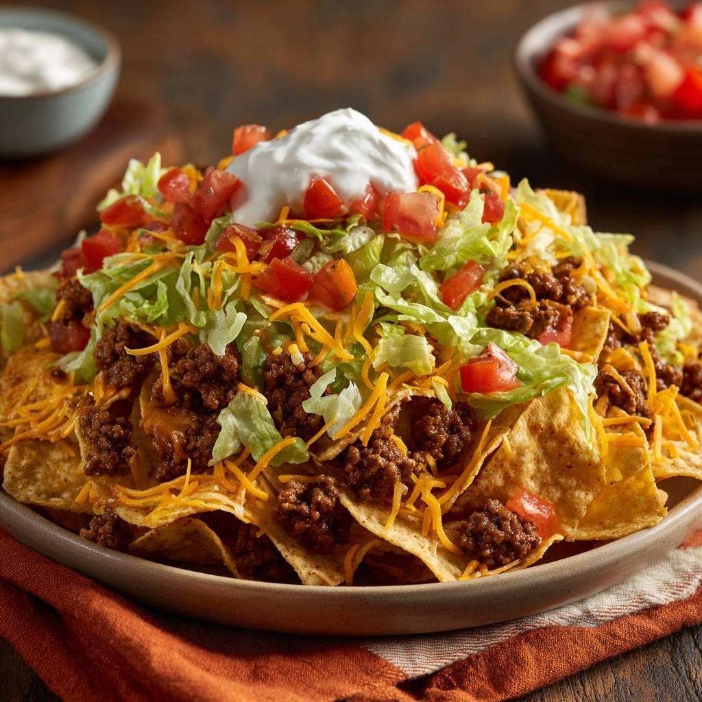 Ultimative Hack Nachos Draufsicht Serviert 1 Ultimative Hack-Nachos, serviert auf einem Teller, mit Hackfleisch, Käse, Salat, Tomaten und einem Klecks Sauerrahm.