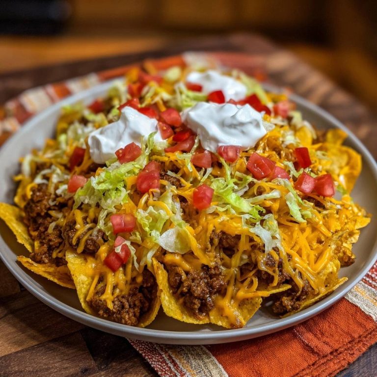 Ultimative Hack-Nachos, serviert auf einem Teller, mit geschmolzenem Käse, Hackfleisch, Tomaten, Salat und Sahne garniert.