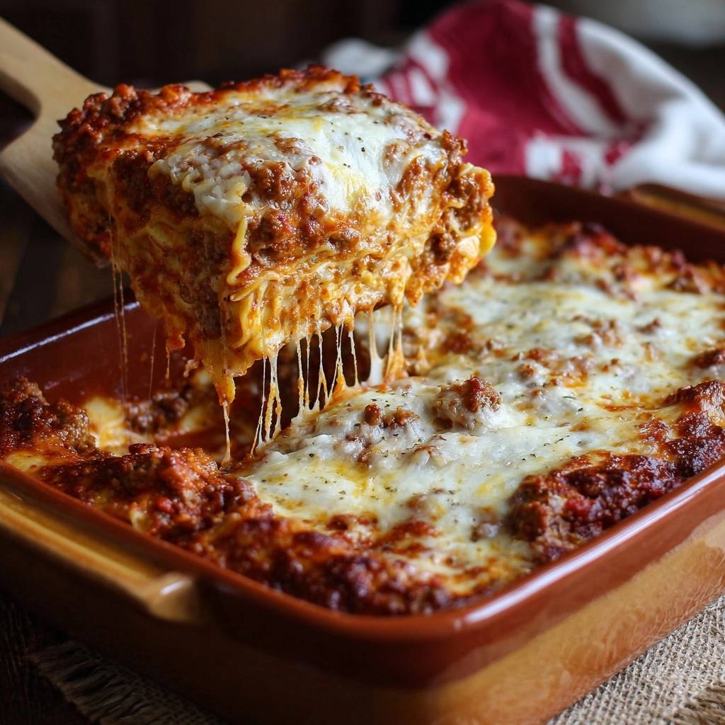 Ultimative Hackfleisch Lasagne Querschnitt Kaese Faden 1 Ultimative Hackfleisch-Lasagne: Ein Nahaufnahme-Querschnitt mit geschmolzenem Käse, der sich in langen Fäden zieht und die Schichten zeigt.
