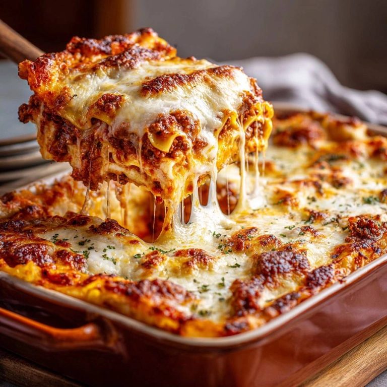 Ultimative Hackfleisch-Lasagne im Nahaufnahme-Querschnitt, wobei der geschmolzene Käse köstlich vom Stück herunterzieht. Ein herzhafter Genuss!