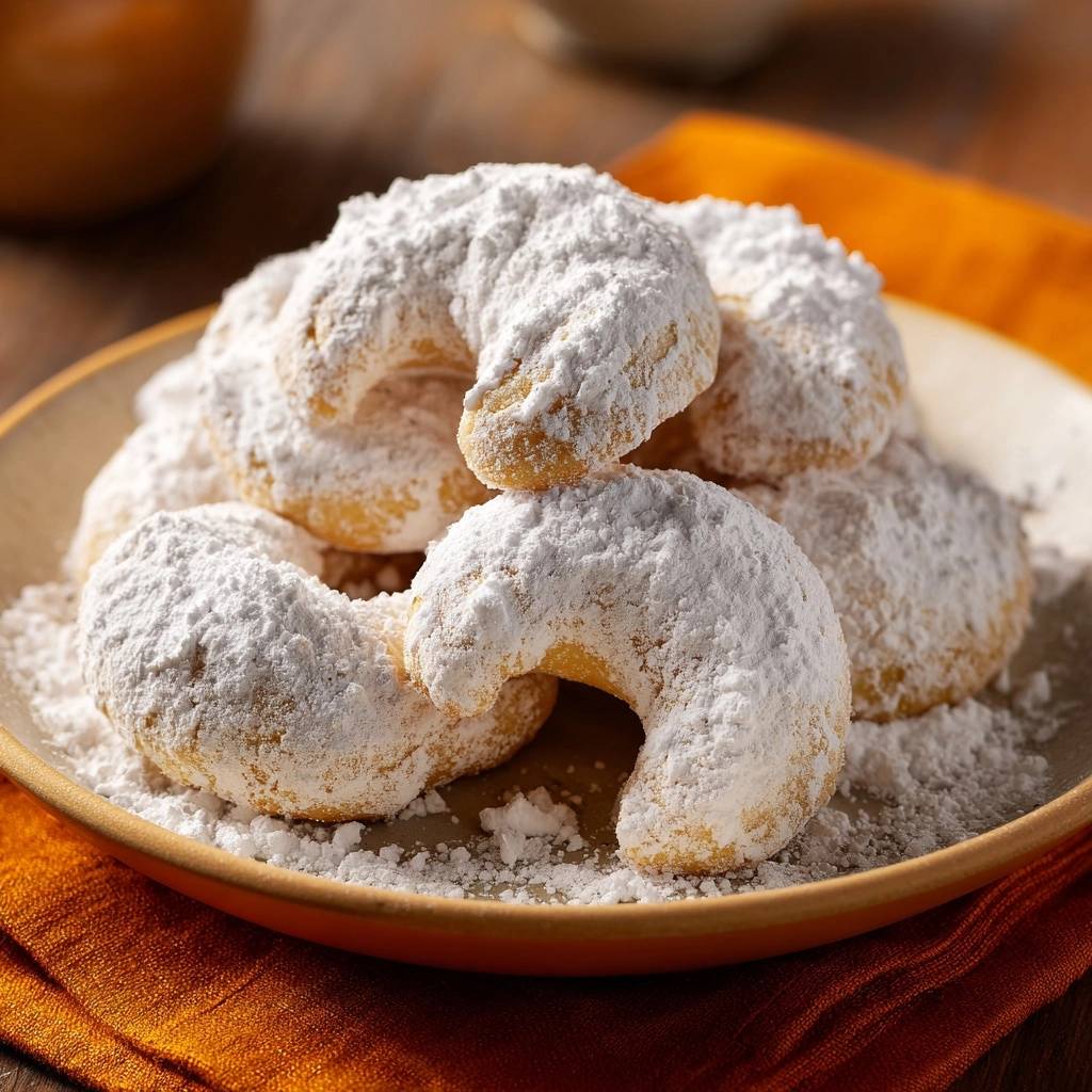 Vanillekipferl Nahaufnahme Mit Puderzucker 1 Vanillekipferl in Nahaufnahme, reichlich mit Puderzucker bestäubt, auf einem Teller serviert. Die halbmondförmigen Kekse laden zum Genießen ein.
