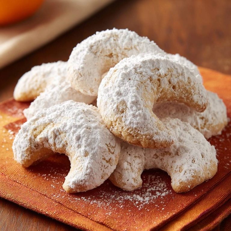 Vanillekipferl, ein Haufen halbmondförmiger Kekse, überzogen mit reichlich Puderzucker, in Nahaufnahme auf einem orangefarbenen Tischtuch.