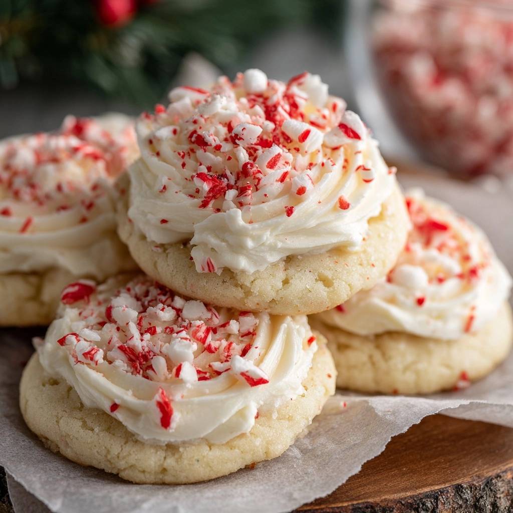 Weihnachtliche Pfefferminz Sugar Cookies Nahaufnahme 1 Weihnachtliche Pfefferminz-Sugar-Cookies in einer Nahaufnahme, mit cremiger Glasur und zerbröselten Pfefferminzbonbons verziert. Diese köstlichen Kekse sind perfekt für die Weihnachtszeit.