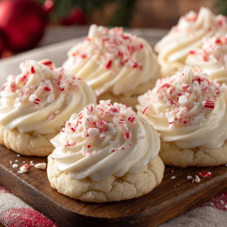 Weihnachtliche Pfefferminz-Sugar-Cookies in Nahaufnahme mit cremiger Buttercreme-Haube und zerbröselten Zuckerstangen auf einem rustikalen Holzbrett angerichtet.