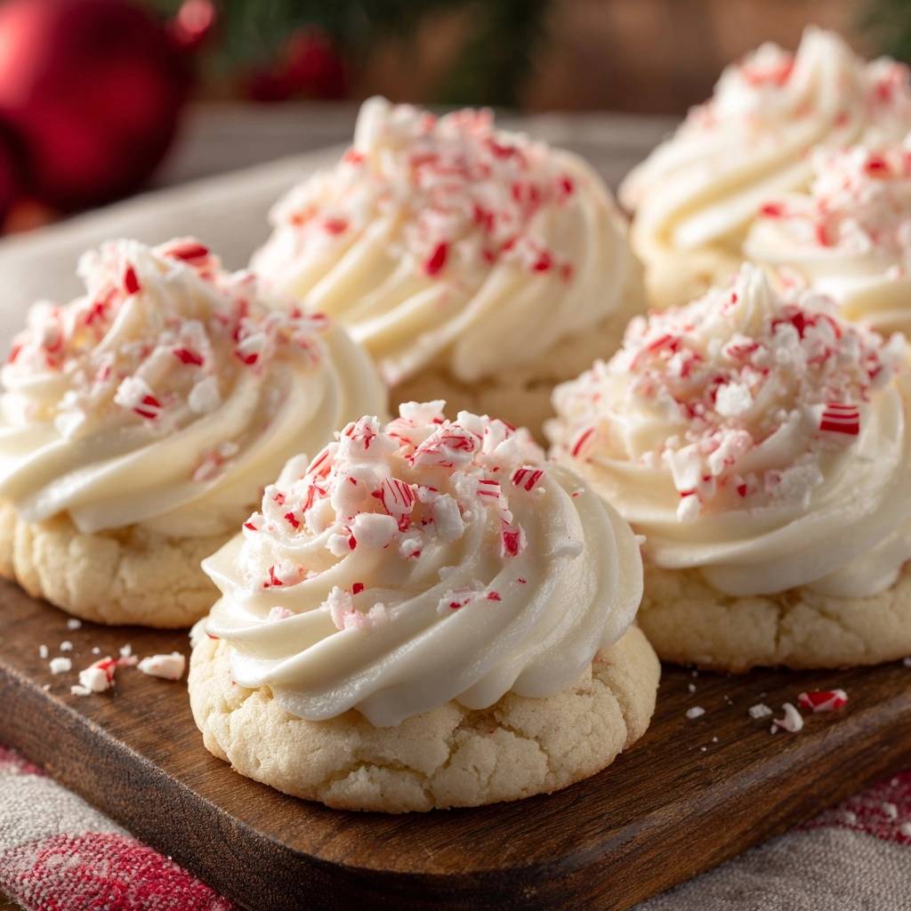 Weihnachtliche Pfefferminz-Sugar-Cookies in Nahaufnahme mit cremiger Buttercreme-Haube und zerbröselten Zuckerstangen auf einem rustikalen Holzbrett angerichtet.