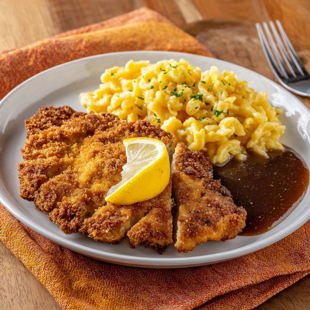 Wiener Schnitzel Mit Spaetzle Serviert 1 Wiener Schnitzel mit Spätzle, serviert auf einem Teller mit Spätzle, Sauce und einer Zitronenscheibe als Garnierung.