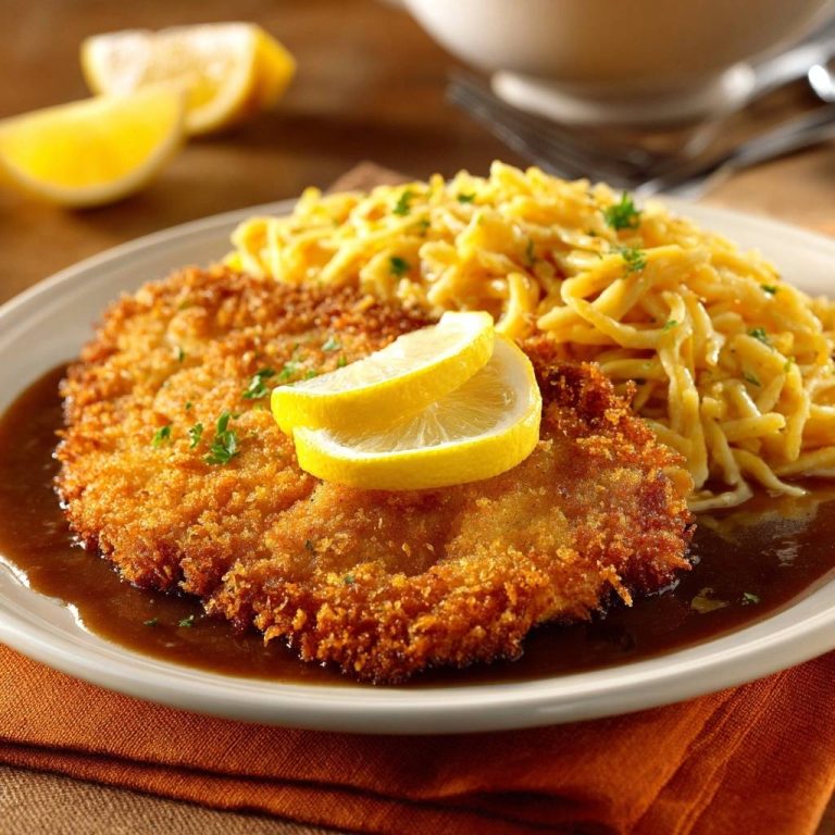 Wiener Schnitzel mit Spätzle, serviert auf einem Teller mit Zitronenscheiben. Knusprig gebratenes Schnitzel mit Spätzle und Sauce angerichtet.