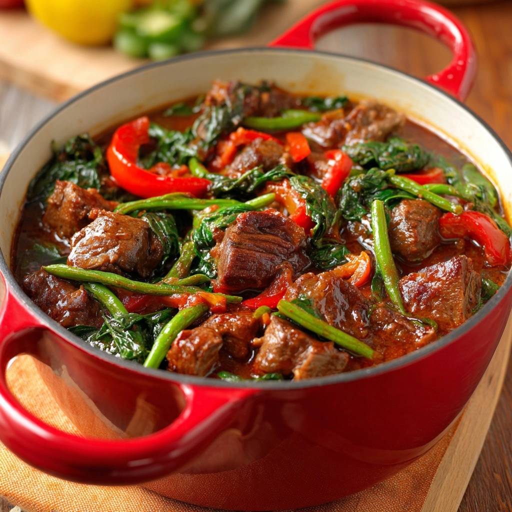 Wurziges Rindfleisch Mit Paprika Spinat Bohnen Nahaufnahme 1 Würziges Rindfleisch mit Paprika, Spinat & Bohnen in einer roten Kochtopf, eine Nahaufnahme zeigt die Textur und Zutaten.