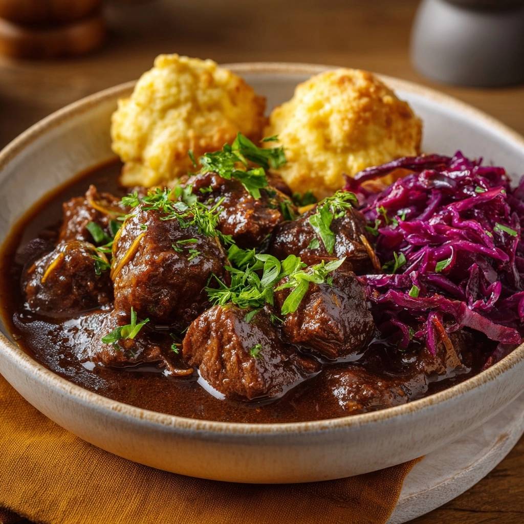 Zartes Rindergulasch Mit Rotkohl Serviert 1 Zartes Rindergulasch mit Rotkohl und Semmelklößen in einer Schüssel serviert, garniert mit frischer Petersilie.