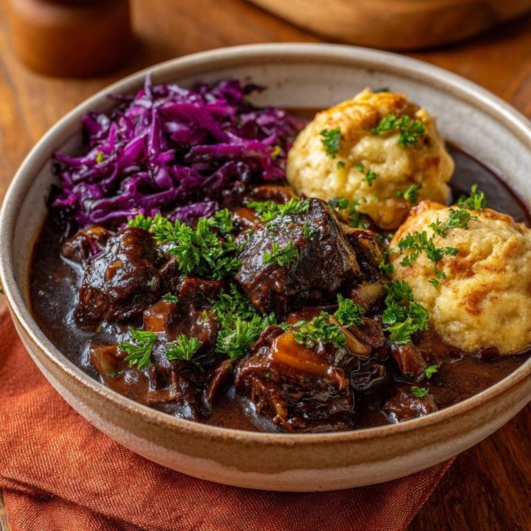 Zartes Rindergulasch mit Rotkohl und Semmelklößen serviert in einer Keramikschale. Die rustikale Mahlzeit wird mit frischer Petersilie garniert.