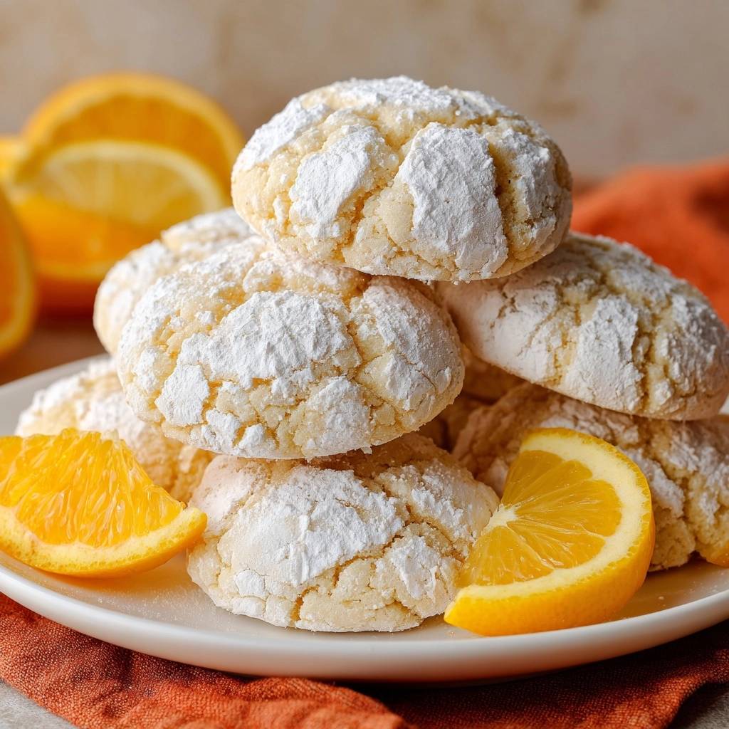 Zitronen Crinkle Cookies Gestapelt Mit Orangen 1 Zitronen-Crinkle-Cookies, gestapelt auf einem Teller, serviert mit frischen Orangenspalten, ein köstlicher Genuss.