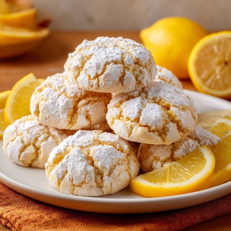 Zitronen-Crinkle-Cookies sind auf einem Teller gestapelt, garniert mit Zitronenspalten, und bereit zum Servieren.