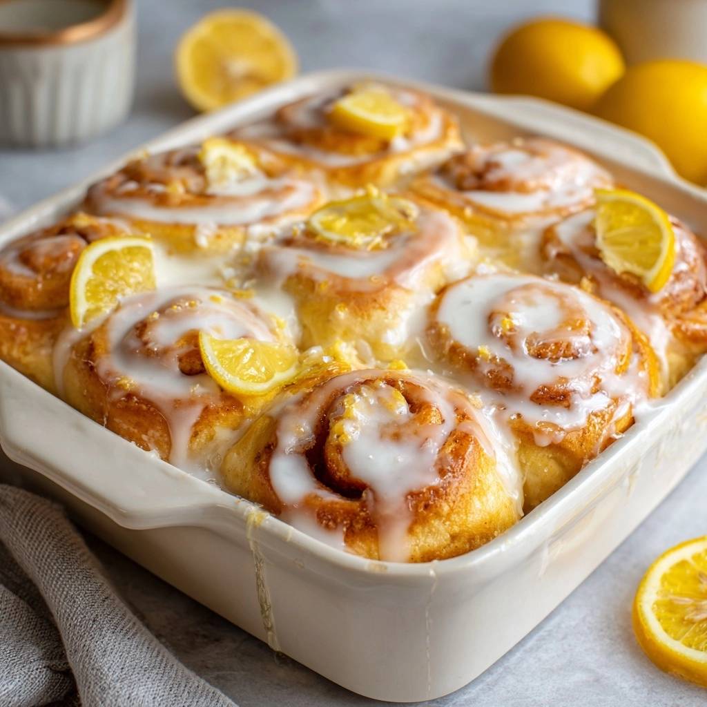 Zitronen Schnecken Draufsicht Glasiert Mit Zitrone 1 Zitronen-Schnecken, frisch gebacken und mit Zitronenglasur übergossen, in einer Auflaufform serviert und mit Zitronenscheiben garniert.