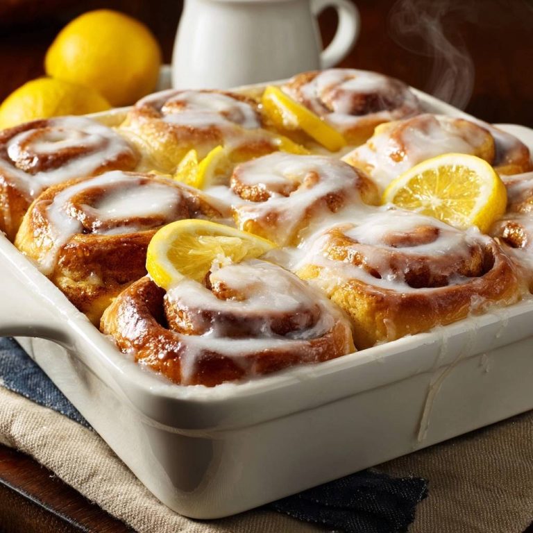 Zitronen-Schnecken, frisch aus dem Ofen, sind mit Zitronenscheiben garniert und mit einer cremigen Glasur überzogen.