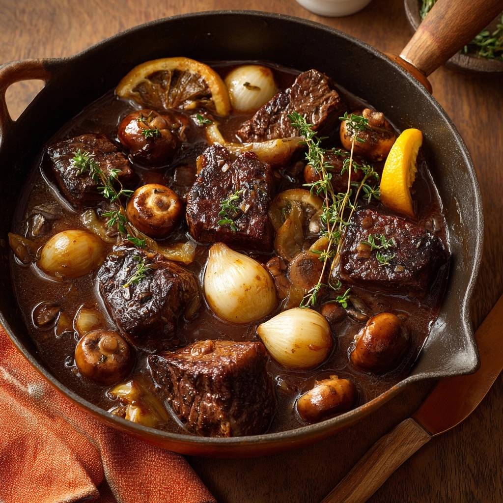 Zitroniges Rindfleisch Mit Pilzen Thymian Draufsicht 1 Zitroniges Rindfleisch mit Pilzen & Thymian in einer Pfanne von oben, mit Zwiebeln, Pilzen und frischem Thymian garniert.