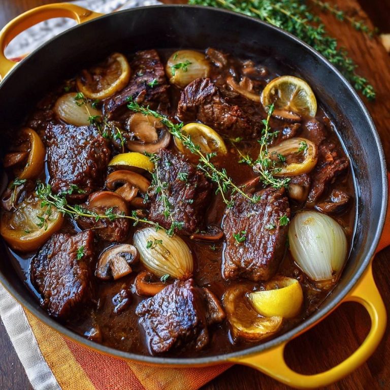 Zitroniges Rindfleisch mit Pilzen & Thymian in einer Pfanne, von oben fotografiert, angerichtet mit Zitronenscheiben und frischem Thymian.
