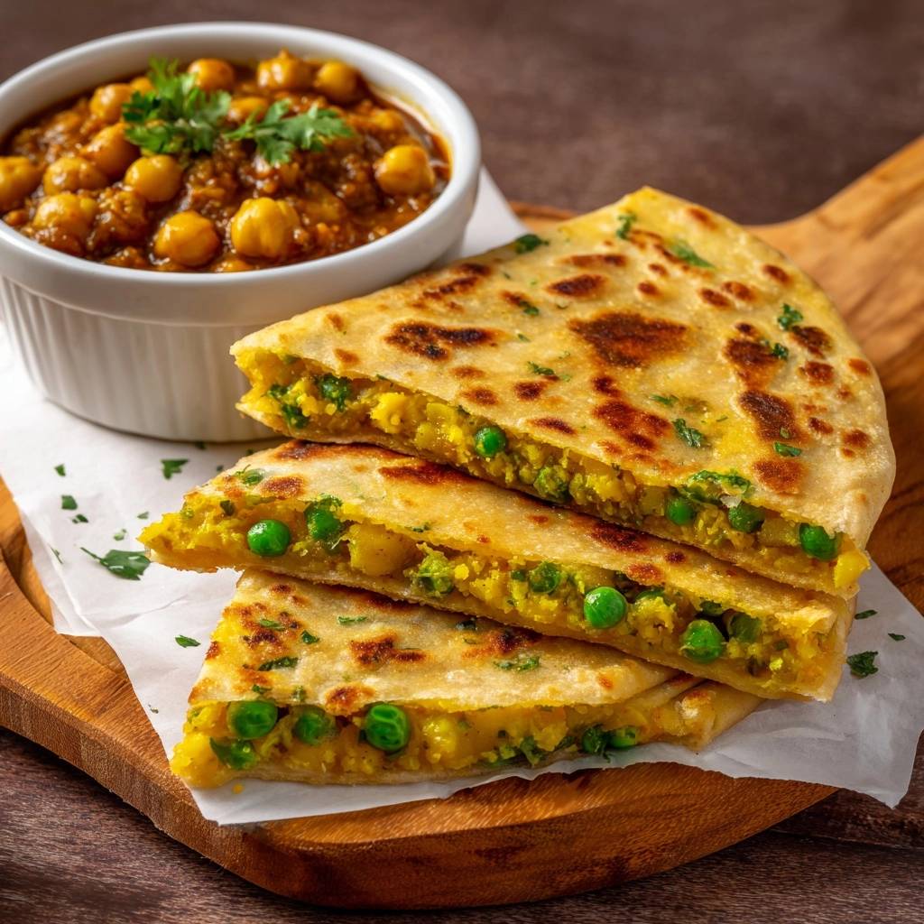 Aloo Matar Parathas Querschnitt 1 Aloo-Matar-Parathas mit Chana Masala, die im Querschnitt die köstliche Füllung aus Kartoffeln und Erbsen offenbaren, serviert auf einem Holzbrett.