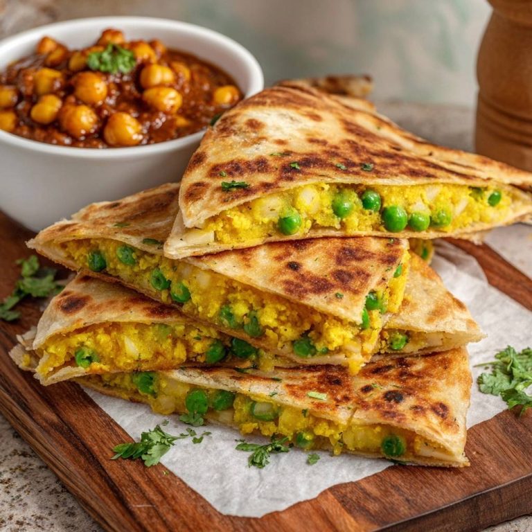 Aloo-Matar-Parathas mit Chana Masala im Querschnitt, die eine goldbraune Kruste und eine köstliche Füllung zeigen.