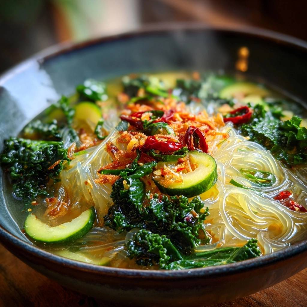Asiatische Gruenkohl Glasnudelsuppe Nahaufnahme 1 Asiatische Grünkohl-Glasnudelsuppe in Nahaufnahme, dampfend heiß serviert, mit Glasnudeln, Grünkohl, Zucchini und knusprigen Röstzwiebeln.
