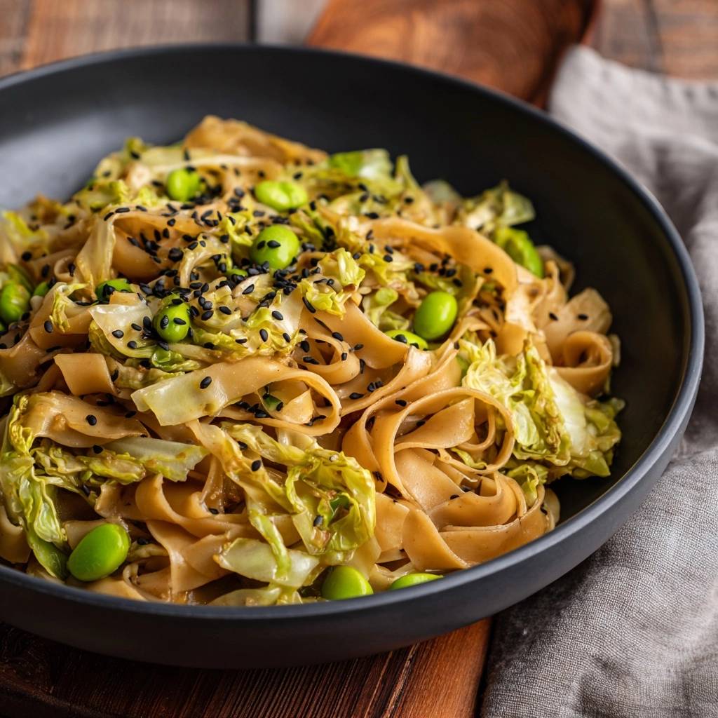 Asiatischer Edamame Nudelwok Draufsicht Serviert 1 Asiatischer Edamame-Nudelwok, serviert in einer tiefschwarzen Schüssel, zeigt eine Nahaufnahme der köstlichen Nudeln mit Edamame und Sesam.