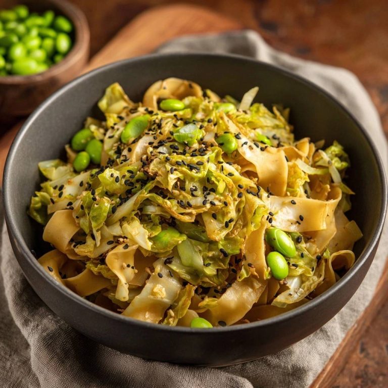 Asiatischer Edamame-Nudelwok, serviert in einer dunklen Schüssel, mit knackigem Kohl, Edamame und schwarzen Sesamkörnern garniert.