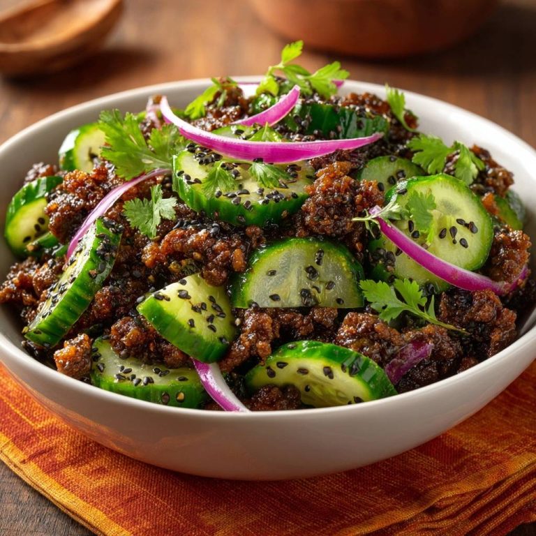 Asiatischer Gurken-Salat mit sesamigem Rindhack, garniert mit roten Zwiebeln und Koriander, in einer weißen Schüssel von oben gesehen.