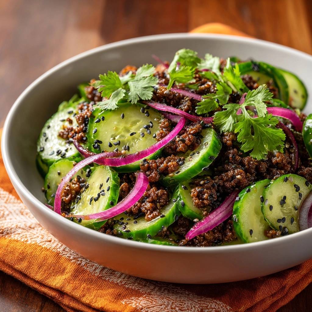 Asiatischer Gurken Salat Mit Sesamigem Rindhack Nahaufnahme 1 Asiatischer Gurken-Salat mit sesamigem Rindhack in Nahaufnahme, garniert mit frischem Koriander und roten Zwiebelringen.