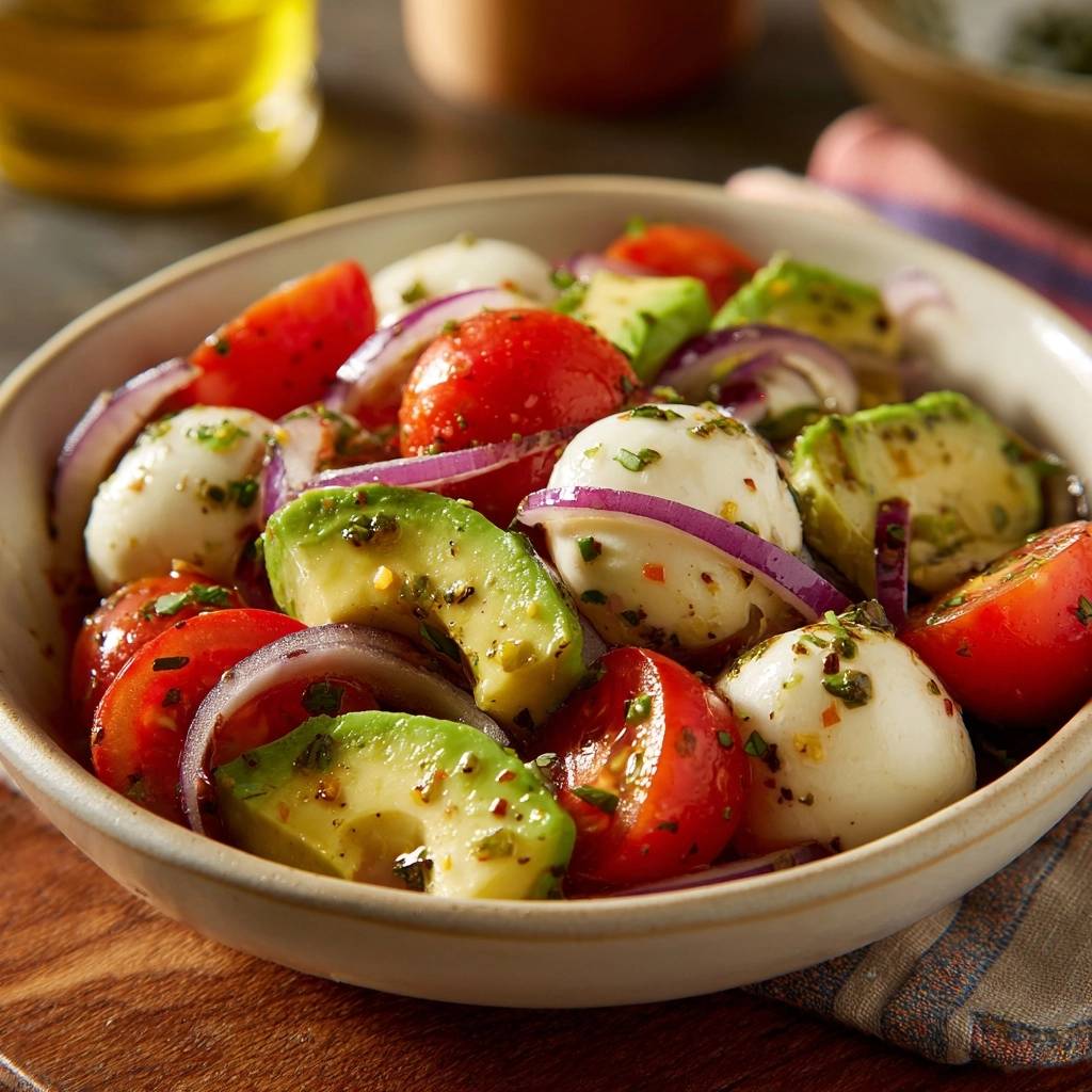 Avocado Caprese Salat Nahaufnahme 1 Avocado-Caprese-Salat in Nahaufnahme, angerichtet mit Tomaten, Mozzarella, Avocado und roten Zwiebeln in einer Schüssel. Ein erfrischender Salat für heiße Tage.