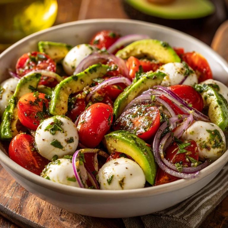 Avocado-Caprese-Salat in Nahaufnahme, angerichtet mit reifen Tomaten, cremigem Mozzarella, Avocado und roten Zwiebeln.