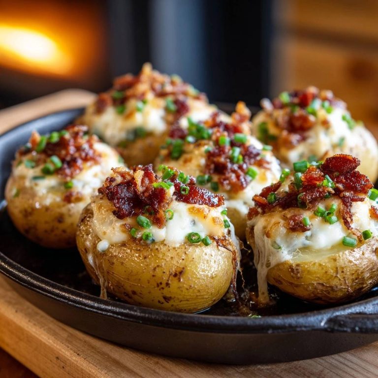 Beladene Ofenkartoffeln mit Speck, Käse & Schnittlauch werden in einer Nahaufnahme gezeigt, die die knusprige Schale und das geschmolzene Käse hervorhebt.