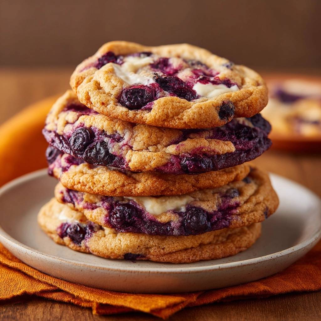 Blaubeeren Weisse Schokolade Cookies Gestapelt 1 Blaubeeren-Weiße-Schokolade-Cookies, gestapelt auf einem Teller, zeigen die saftigen, mit Blaubeeren gefüllten Kekse.