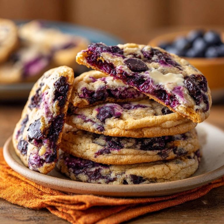 Blaubeeren-Weiße-Schokolade-Cookies zeigen hier ihren köstlichen Querschnitt, der die saftigen Blaubeeren und die weiße Schokolade im Inneren offenbart.
