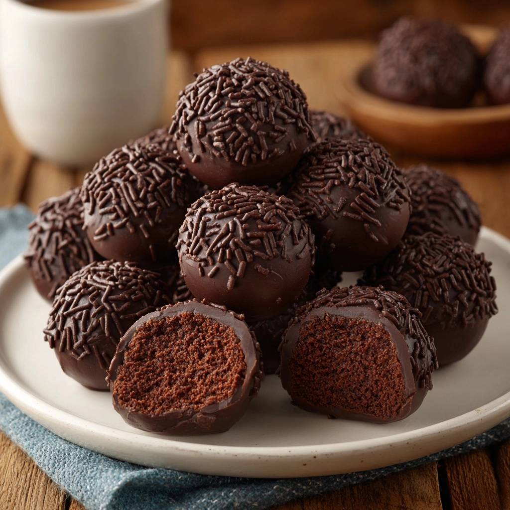 Brigadeiros Querschnitt Nahaufnahme 1 Brigadeiros, die brasilianischen Schokoladenpralinen, zeigen hier einen appetitlichen Querschnitt. Die cremige Füllung ist deutlich zu erkennen.
