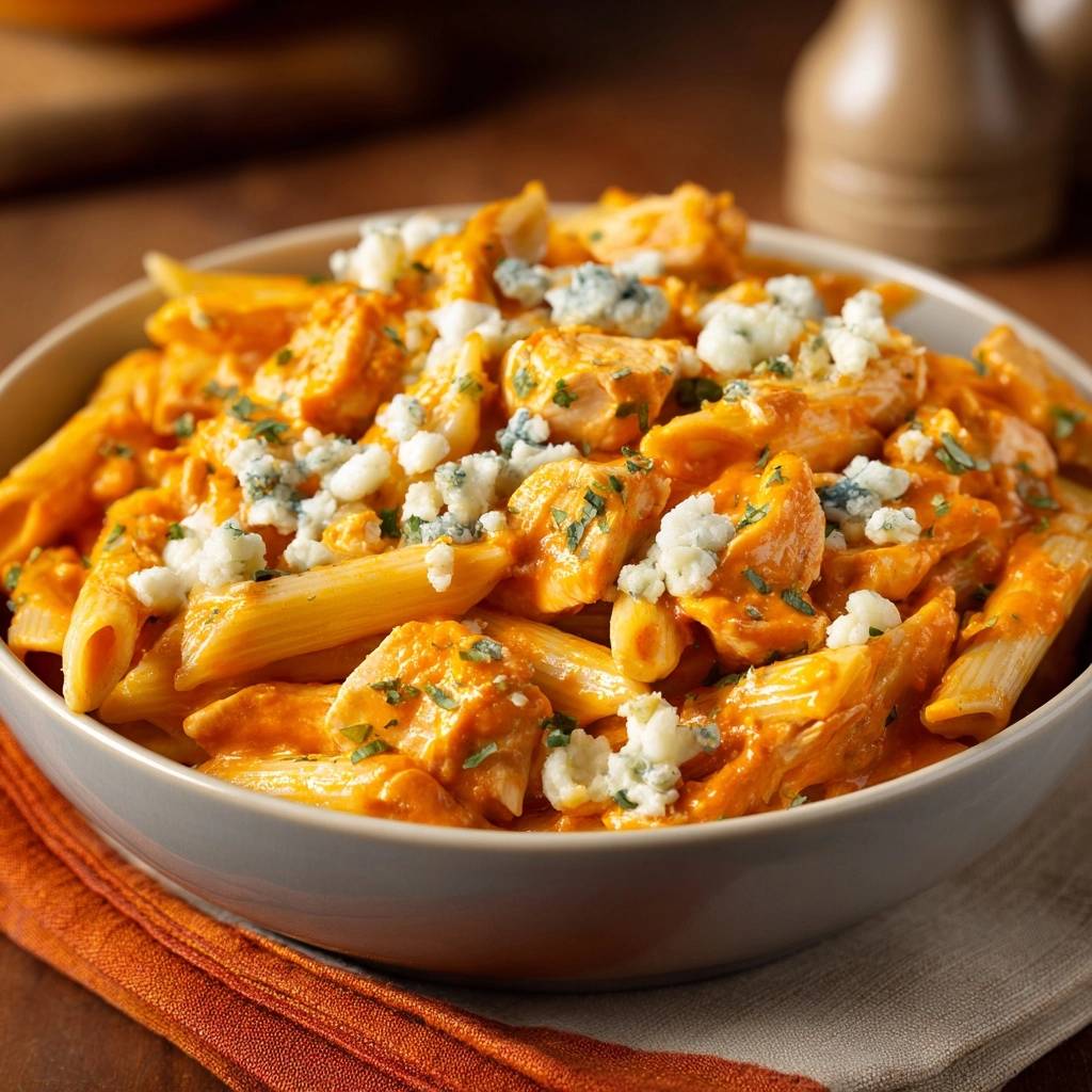 Buffalo Hahnchen Penne Mit Blauschimmelkase Draufsicht 1 Buffalo-Hähnchen-Penne mit Blauschimmelkäse in einer Schüssel, serviert aus der Vogelperspektive, mit Blauschimmelkäse garniert.