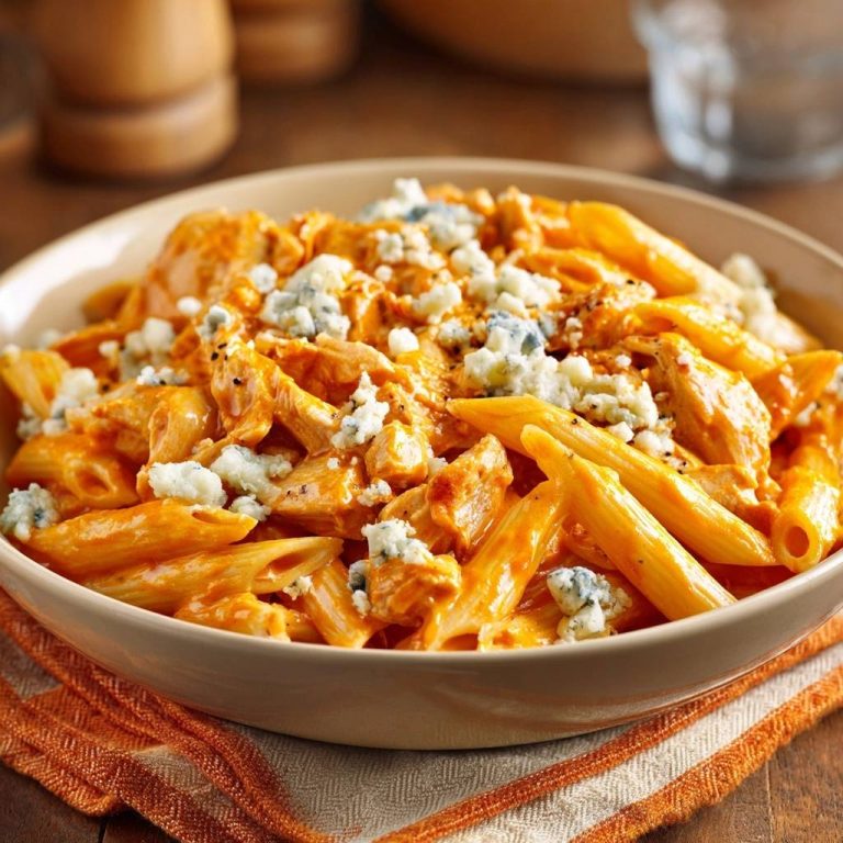 Buffalo-Hähnchen-Penne mit Blauschimmelkäse in einer Schüssel, serviert aus der Vogelperspektive, mit dem cremigen Käse garniert.