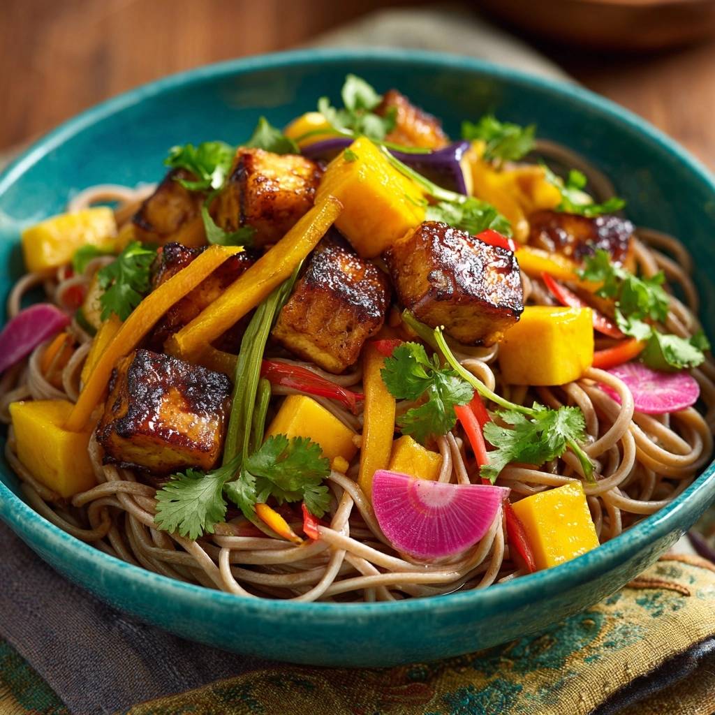 Bunte Soba Nudel Bowl Mit Tofu Draufsicht 1 Bunte Soba-Nudel-Bowl mit Tofu in einer Nahaufnahme von oben, mit knusprigem Tofu, frischem Gemüse und Kräutern.