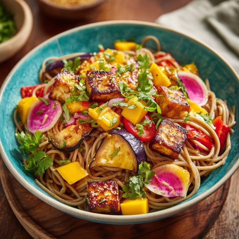Bunte Soba-Nudel-Bowl mit Tofu in einer Nahaufnahme von oben, mit knusprigem Tofu, Gemüse und frischen Kräutern serviert.