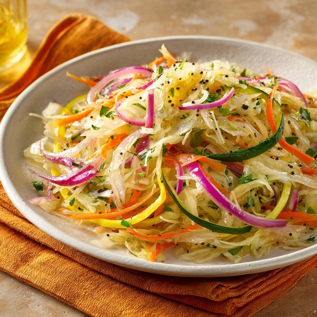Bunter Krautsalat Mit Zucchini Nudeln Draufsicht 1 Bunter Krautsalat mit Zucchini-Nudeln in einer hellen Schale serviert, mit rotem Zwiebel, Karotten und Zucchini-Nudeln garniert.
