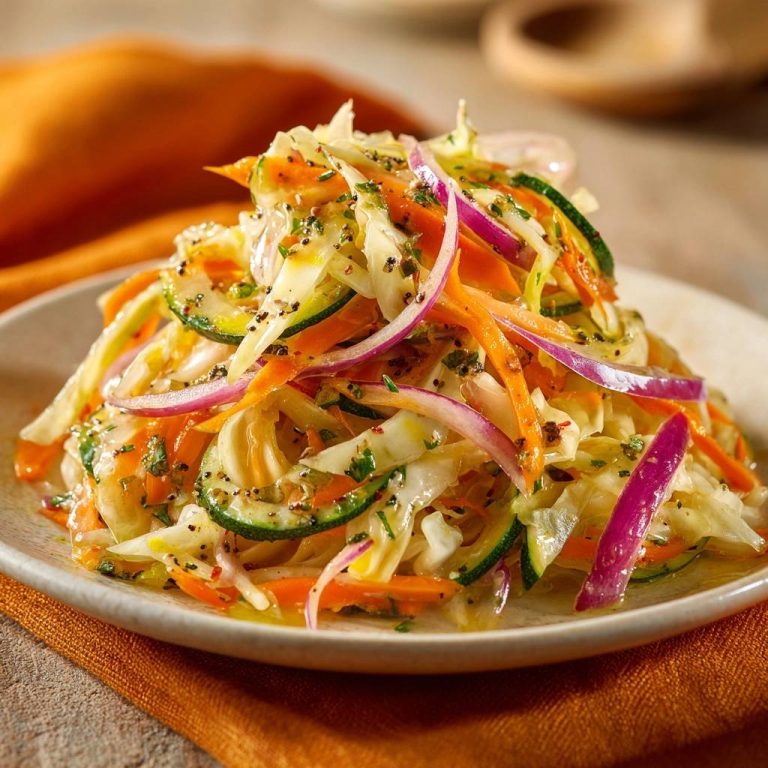 Bunter Krautsalat mit Zucchini-Nudeln serviert auf einem hellen Teller, garniert mit frischen Zutaten und einem leichten Dressing.