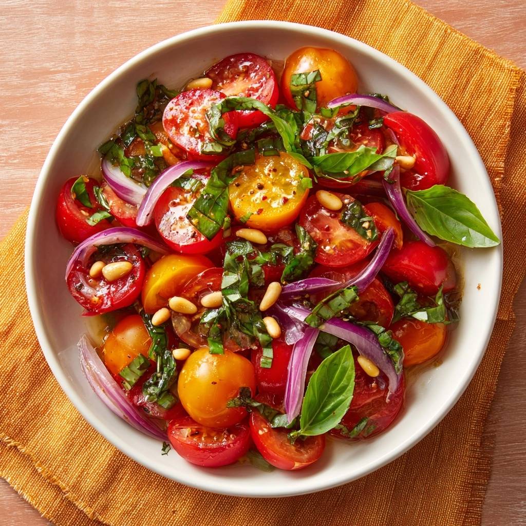 Bunter Tomaten Basilikum Salat Draufsicht 1 Bunter Tomaten-Basilikum-Salat, von oben betrachtet, mit frischem Basilikum, roten Zwiebeln und Pinienkernen in einer Keramikschale.
