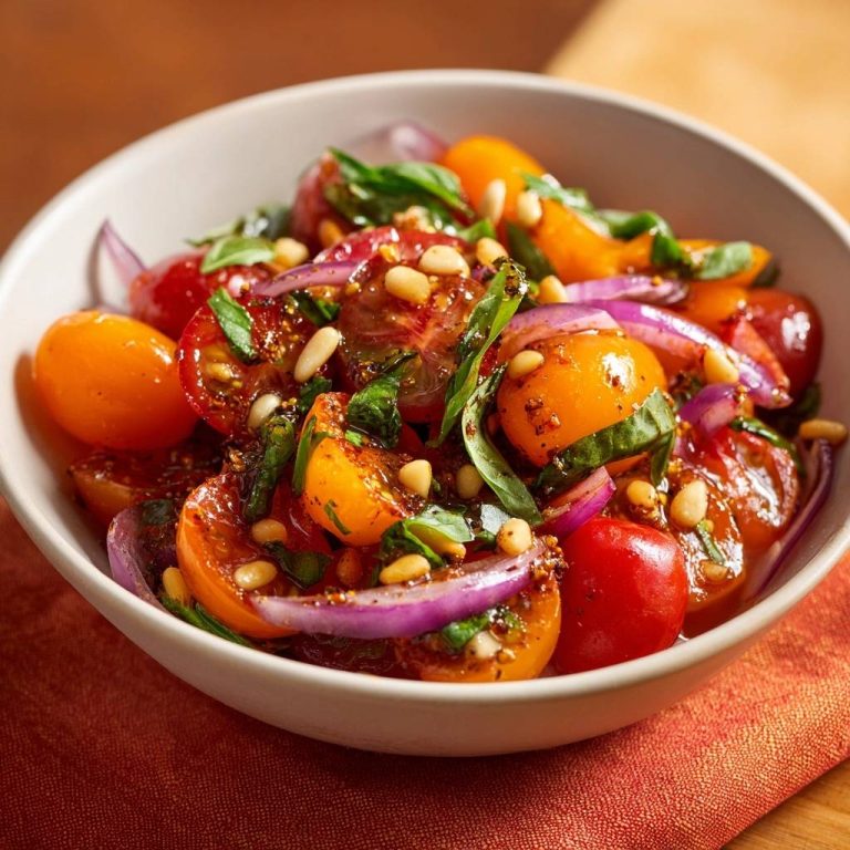 Bunter Tomaten-Basilikum-Salat, eine Nahaufnahme des Salats in einer Schüssel, mit frischen Tomaten, Zwiebeln, Basilikum und Pinienkernen.