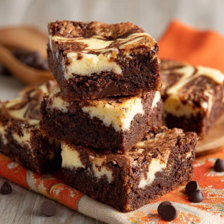 Cheesecake-Marmor-Brownies in Nahaufnahme, gestapelt und mit einem deutlichen Querschnitt, der die cremige Käsekuchenschicht zeigt.