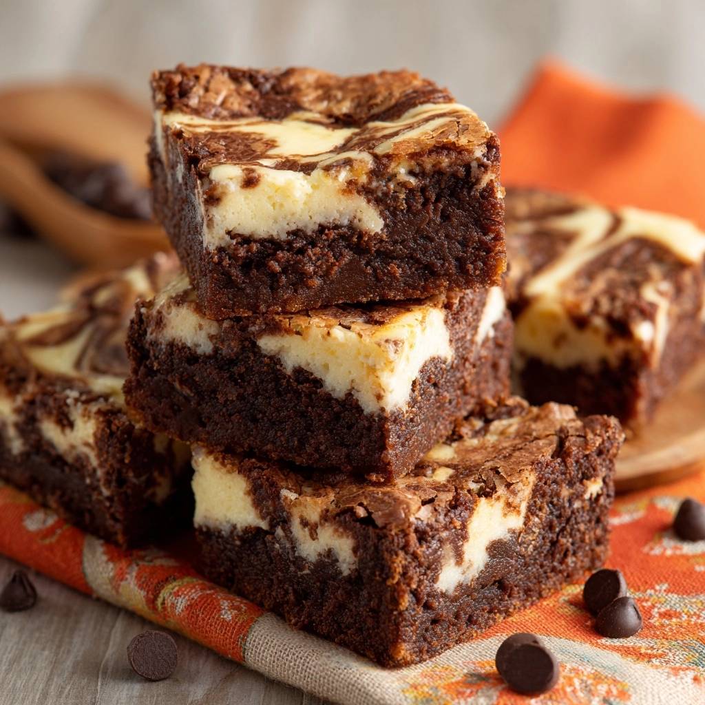 Cheesecake-Marmor-Brownies in Nahaufnahme, gestapelt und mit einem deutlichen Querschnitt, der die cremige Käsekuchenschicht zeigt.
