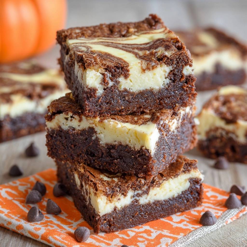 Cheesecake Marmor Brownies Stapel Querschnitt 1 Cheesecake-Marmor-Brownies in einem Stapel, mit deutlich sichtbarem Querschnitt, der die cremige Käsekuchenschicht zeigt.