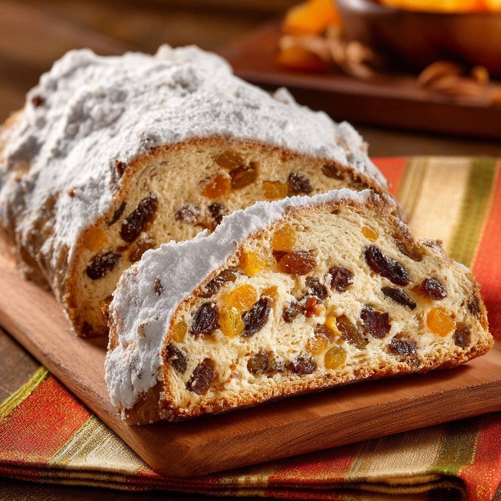 Christstollen Querschnitt Nahaufnahme 1 Christstollen wie vom Bäcker, eine Nahaufnahme des angeschnittenen Gebäcks mit Sultaninen und Trockenfrüchten. Der saftige Innenraum ist gut sichtbar.