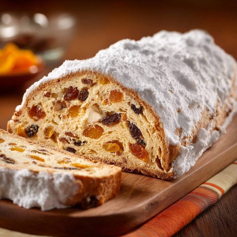 Christstollen wie vom Bäcker mit vielen Früchten, angeschnitten. Der saftige Querschnitt zeigt die leckere Füllung.