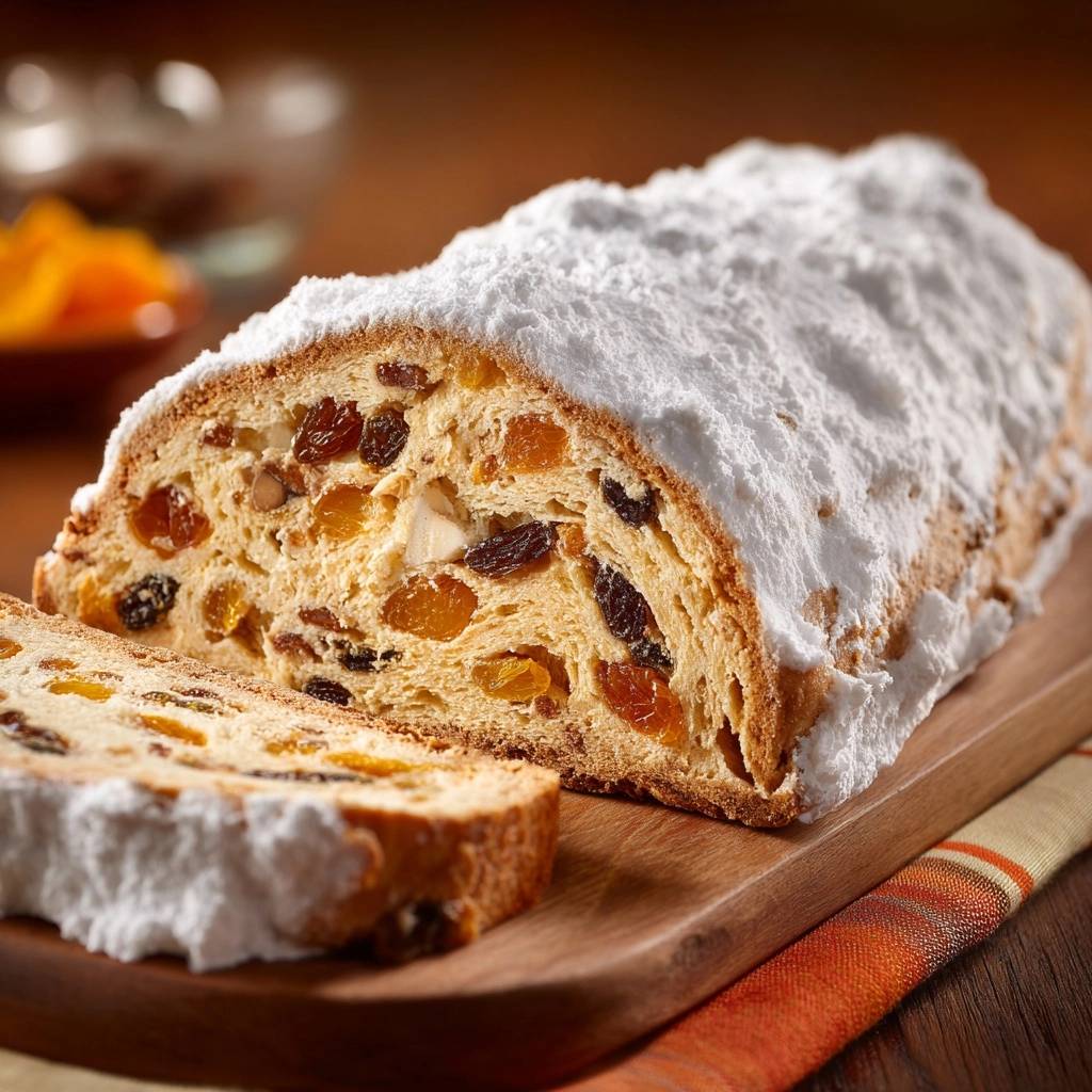 Christstollen wie vom Bäcker mit vielen Früchten, angeschnitten. Der saftige Querschnitt zeigt die leckere Füllung.