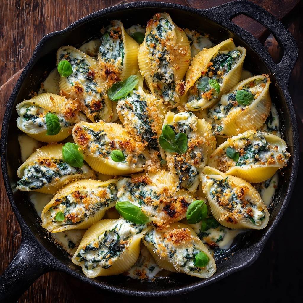 Cremig Ueberbackene Spinat Conchiglioni Draufsicht 1 Cremig-überbackene Spinat-Conchiglioni in einer gusseisernen Pfanne, garniert mit frischem Basilikum und knusprigen Bröseln.