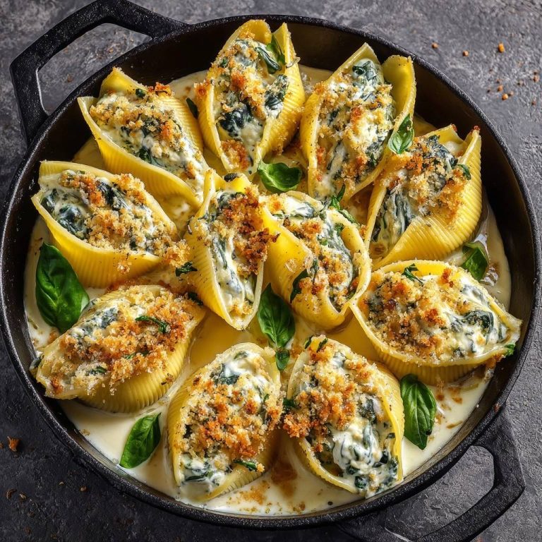 Cremig-überbackene Spinat-Conchiglioni in einer gusseisernen Pfanne, serviert mit frischem Basilikum und knusprigen Bröseln. Eine köstliche Mahlzeit von oben betrachtet.